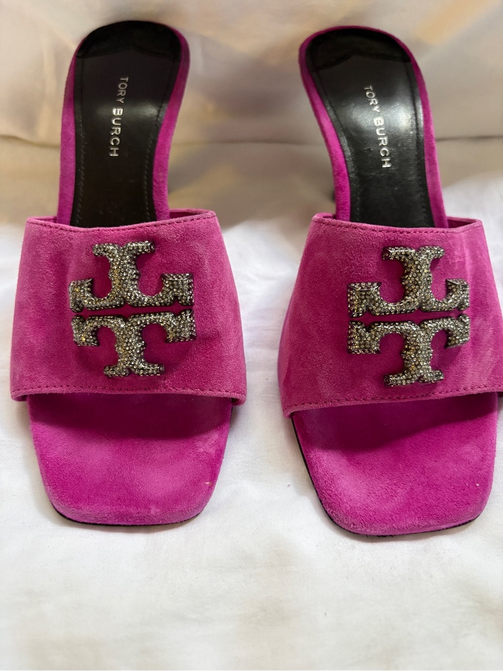 Tory Burch Magenta Suede Slide Mules with Crystal Logo